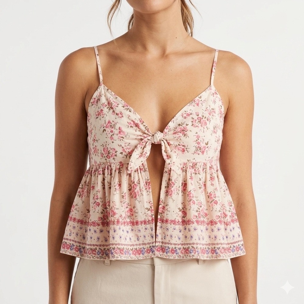 Forever 21 Cami Top Women Medium Cream Pink Floral Tie Front Coquette Peplum